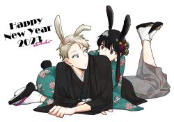 Rule 34 | 1boy, 1girl, 2023, akdk831, animal ears, artist name, black hair, black kimono, blonde hair, blue eyes, chinese zodiac, earrings, feet up, floral print, flower, green kimono, hair flower, hair ornament, happy new year, highres, japanese clothes, jewelry, kemonomimi mode, kimono, long sleeves, looking at another, looking back, lying, new year, on stomach, parted bangs, pom pom (clothes), pom pom earrings, print kimono, rabbit ears, rabbit tail, red eyes, sandals, short hair, sidelocks, socks, spy x family, tail, twilight (spy x family), white background, white socks, wide sleeves, year of the rabbit, yor briar, zouri