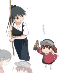 Rule 34 | 10s, 2girls, bad id, bad pixiv id, black eyes, black hair, blush, bow (weapon), brown hair, flower, gloves, houshou (kancolle), japanese clothes, kantai collection, kisetsu, long hair, multiple girls, muneate, open mouth, partially fingerless gloves, partly fingerless gloves, ponytail, ryuujou (kancolle), smile, transparent background, twintails, visor cap, weapon, white background, wreath, aged down, yugake