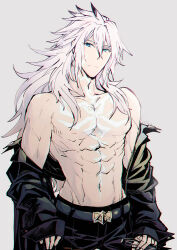 Rule 34 | 1boy, abs, armor, bare pectorals, body markings, cowboy shot, dark-skinned male, dark skin, expressionless, fate/grand order, fate (series), glowing, green eyes, head tilt, highres, ito (pixiv), jacket, long hair, looking at viewer, male focus, muscular, muscular male, navel, no nipples, open clothes, open jacket, pants, pectorals, siegfried (fate), solo, white hair