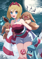 Rule 34 | 1girl, :d, blonde hair, blue eyes, cloud, collar, commentary request, creatures (company), eevee, game freak, gen 1 pokemon, gen 4 pokemon, glaceon, hair between eyes, hairband, haru (haruxxe), highres, irida (pokemon), looking at viewer, moon, night, nintendo, open mouth, outdoors, pokemon, pokemon (creature), pokemon legends: arceus, pokemon on back, red hairband, red shirt, sash, shirt, short hair, shorts, sky, smile, strapless, strapless shirt, tongue