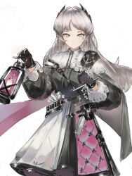 Rule 34 | 1girl, absurdres, arknights, black dress, black gloves, closed mouth, commentary, cowboy shot, dress, earrings, gloves, grey eyes, grey hair, highres, holding, holding lantern, irene (arknights), jewelry, lantern, long hair, long sleeves, looking at viewer, pouch, puffy long sleeves, puffy sleeves, red pupils, scar, scar across eye, simple background, sketch, solo, standing, strap, white background, white dress, xian guang