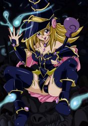 Rule 34 | 1girl, :p, blonde hair, blush, blush stickers, boots, breasts, cameltoe, choker, cleavage, dark magician girl, dragon, duel monster, earrings, covered erect nipples, fat mons, hat, highres, jewelry, magi magi magician gal, purple eyes, solo, spread legs, staff, straw (yokubou hiroba), thong, tongue, tongue out, yu-gi-oh!, yuu-gi-ou, yu-gi-oh! duel monsters, yuu-gi-ou zexal