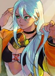 Rule 34 | 1girl, blue hair, breasts, choker, dark-skinned female, dark skin, earrings, finger tattoo, graffiti, green eyes, hair down, highres, isla (kof), jacket, jewelry, light blue hair, long hair, mask, mask around neck, multicolored hair, oni gini, oversized clothes, portrait, respirator, snk, solo, tank top, tattoo, the king of fighters, the king of fighters xv, thumb ring, torn clothes, torn tank top, upper body