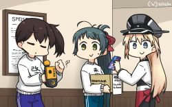 Rule 34 | 3girls, amazon (company), artist name, beamed eighth notes, bismarck (kancolle), blonde hair, blue eyes, blue pants, brand name imitation, brown hair, closed mouth, clothes writing, commentary request, dated, eighth note, green eyes, green hair, hair between eyes, hamu koutarou, hat, highres, irako (kancolle), kaga (kancolle), kantai collection, long hair, long sleeves, looking at another, military hat, multiple girls, music, musical note, one-hour drawing challenge, pants, peaked cap, ponytail, shirt, side ponytail, singing, translation request, white shirt