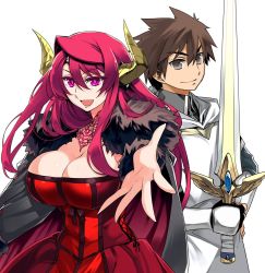 Rule 34 | 10s, 1boy, 1girl, breasts, brown eyes, brown hair, cape, cleavage, commentary request, demon girl, dress, eyebrows, feather boa, hair intakes, hand on own hip, horns, ishida akira, jewelry, large breasts, long hair, maou (maoyuu), maoyuu maou yuusha, narrow waist, necklace, official art, outstretched hand, red dress, red eyes, red hair, slit pupils, smile, striped clothes, striped dress, sword, tiara, vertical-striped clothes, vertical-striped dress, weapon, yuusha (maoyuu)
