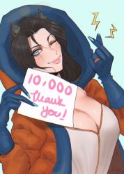 Rule 34 | animal ears, apex legends, black hair, blue background, blue eyes, blue gloves, breasts, cat ears, cleavage, commentary, cosplay, english commentary, gloves, highres, holding, holding paper, kitty keihara, large breasts, lightning bolt symbol, long hair, looking at viewer, milestone celebration, mole, mole under eye, one eye closed, original, paper, smile, wattson (apex legends), wattson (apex legends) (cosplay)