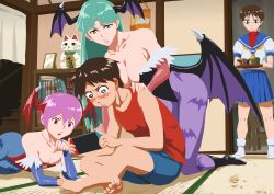 1boy 3girls animal_print azuma_yamabiko bare_shoulders bat_print black_leotard blue_pantyhose breasts bridal_gauntlets capcom cleavage collarbone darkstalkers demon_girl diamond_cutout green_eyes green_hair head_wings highres kasugano_sakura large_breasts leotard lilith_(darkstalkers) long_hair morrigan_aensland multiple_girls pantyhose purple_hair purple_pantyhose red_eyes red_leotard school_uniform serafuku short_hair skirt street_fighter wings