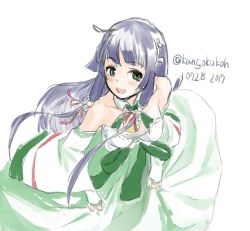 Rule 34 | 1girl, bare shoulders, black hair, clothes lift, collar, commentary request, dated, dress, dress lift, green dress, green eyes, hair ribbon, kangoku kou, kantai collection, long hair, looking at viewer, looking up, mizuho (kancolle), one-hour drawing challenge, open mouth, ribbon, sidelocks, sleeves past wrists, smile, solo, twitter username, white background