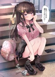 Rule 34 | 1girl, backpack, bag, bendy straw, black bow, black footwear, black socks, blush, bow, breasts, brown hair, can, cellphone, closed mouth, collared shirt, commentary request, crushed can, day, drinking straw, emoji, grey skirt, hair bow, hair ornament, hairclip, hand up, highres, long hair, masayo (gin no ame), medium breasts, original, outdoors, phone, pink shirt, plaid, plaid skirt, platform footwear, pleading face emoji, puffy short sleeves, puffy sleeves, purple eyes, shirt, short sleeves, sitting, sitting on stairs, skirt, socks, solo, stairs, stone stairs, translation request, two side up, very long hair