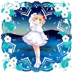 Rule 34 | 1girl, absurdres, alternate costume, blonde hair, capelet, commentary, dress, english commentary, flower, full body, game cg, gradient sky, grass, highres, looking at viewer, mountainous horizon, outdoors, red eyes, rotte (1109), rumia, rumia (between white light and black night), second-party source, short hair, sky, socks, solo, star (sky), starry sky, tiara, touhou, touhou lostword, white capelet, white dress, white flower, white footwear, white socks