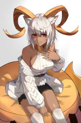 Rule 34 | 1girl, animal ears, arknights, beeswax (arknights), beeswax (weisser sand) (arknights), beeswax (weisser sand) (arknights) (cosplay), belt, black belt, black shorts, breasts, cardigan, carnelian (arknights), chinese commentary, commentary, cosplay, cowboy shot, dark-skinned female, dark skin, english commentary, goat ears, goat horns, gradient background, grey background, hair between eyes, highres, horns, looking at viewer, medium breasts, mixed-language commentary, off shoulder, official alternate costume, open cardigan, open clothes, parted lips, red eyes, ribbed shirt, shirt, short hair, short shorts, shorts, silver hair, simple background, sitting, sleeveless, sleeveless shirt, smile, solo, thighhighs, thighs, white background, white cardigan, white shirt, white thighhighs, wuzhu nis