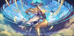 Rule 34 | 1girl, absurdres, animal ears, arknights, blemishine (arknights), blonde hair, cape, drone, feathers, glowing, glowing sword, glowing weapon, highres, horse ears, horse tail, huge filesize, light, long hair, looking back, pixerite, ponytail, shield, solo, stadium, tail, weapon, yellow eyes