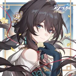 Rule 34 | 1girl, aqua dress, aqua eyes, bare shoulders, bead necklace, beads, black hair, blue gloves, clothing cutout, commentary request, dress, gloves, holding, honkai: star rail, honkai (series), jewelry, long hair, looking at viewer, necklace, ruan mei (honkai: star rail), shoulder cutout, smile, solo, upper body, very long hair