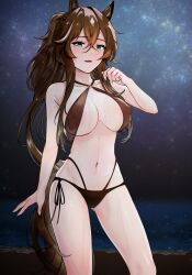 Rule 34 | 1girl, :d, absurdres, animal ears, aqua eyes, arknights, bikini, black bikini, blush, breasts, brown hair, cleavage, commission, covered erect nipples, elsi, gluteal fold, hair between eyes, highres, horse ears, large breasts, long hair, looking at viewer, meteor (arknights), mole, mole under eye, navel, open mouth, pixiv commission, sky, smile, solo, star (sky), starry sky, swimsuit, variant set