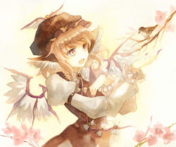 Rule 34 | 1girl, acrylic paint (medium), bad id, bad pixiv id, bird, bird wings, branch, brooch, brown dress, cherry blossoms, dress, eurasian tree sparrow, fingernails, gradient background, hand on own chest, hand up, hat, jewelry, juliet sleeves, keiko (mitakarawa), light brown hair, long sleeves, looking away, mixed media, mystia lorelei, nail polish, open hand, open mouth, painting (medium), puffy sleeves, purple nails, red eyes, sharp fingernails, short hair, solo, sparrow, touhou, traditional media, upper body, wings