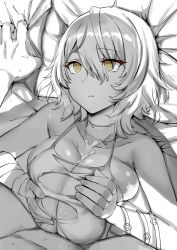 Rule 34 | 1girl, bandaged arm, bandages, bed sheet, belko, breasts, cleavage, code vein, cum, cum on body, cum on breasts, cum on upper body, ejaculation between breasts, expressionless, gripping sheet, hair between eyes, hands on own chest, hetero, highres, io (code vein), large breasts, looking at another, lying, monochrome, on back, paizuri, pillow, short hair, straddling, straddling paizuri, torn clothes, white hair, yellow eyes