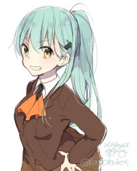 Rule 34 | 10s, 1girl, alternate hairstyle, aqua hair, blazer, dated, grin, hair ornament, hairclip, hands on own hips, jacket, kantai collection, karomura, looking at viewer, ponytail, school uniform, smile, solo, suzuya (kancolle), twitter username, upper body, white background, yellow eyes