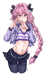 Rule 34 | 1boy, absurdres, aningay, astolfo (fate), astolfo (memories at trifas) (fate), black pantyhose, black ribbon, blush, braid, collarbone, cowboy shot, crop top, cropped legs, fate/grand order, fate (series), groin, hair intakes, hair ribbon, heart, heart hands, highres, jacket, leaning forward, long hair, long sleeves, looking at viewer, male focus, miniskirt, navel, official alternate costume, open clothes, open jacket, pantyhose, pink hair, purple eyes, purple jacket, ribbon, signature, single braid, skirt, solo, standing, stomach, striped, thigh gap, trap, two side up, very long hair, white hair