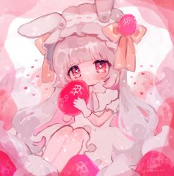 Rule 34 | 1girl, :o, ame usako, animal ears, bow, brown bow, cake, chibi, commentary request, dress, food, fruit, gloves, grey hair, heart, highres, holding, holding food, knees up, long hair, looking at viewer, mini person, minigirl, original, parted lips, puffy short sleeves, puffy sleeves, rabbit ears, red eyes, short sleeves, sitting, solo, strawberry, strawberry shortcake, very long hair, white bow, white dress, white gloves