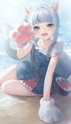 Rule 34 | 1girl, animal ears, animal hands, arm support, bag, blue eyes, blue hair, blunt bangs, blush, cat ears, cat paws, commentary, fins, fish tail, gawr gura, gawr gura (casual), gloves, highres, hololive, hololive english, looking at viewer, lunia, medium hair, multicolored hair, official alternate costume, open mouth, paw gloves, shark print, shark tail, sharp teeth, silver hair, sitting, solo, tail, teeth, virtual youtuber, water