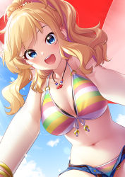 Rule 34 | 1girl, :d, absurdres, bikini, blonde hair, blue eyes, blue shorts, blue sky, breasts, cloud, commentary request, day, from below, highres, idolmaster, idolmaster cinderella girls, jewelry, large breasts, long hair, mikapoe, multicolored bikini, multicolored clothes, navel, necklace, ohtsuki yui, open fly, open mouth, outdoors, parasol, ponytail, shorts, sky, smile, solo, striped bikini, striped clothes, sunlight, swimsuit, teeth, umbrella, unbuttoned, upper teeth only