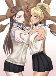 2girls absurdres akisora amane_kei blonde_hair blue_eyes brown_hair censored chain clenched_teeth dark_skin dress_shirt green_eyes highres ijichi_kotoko long_hair mosaic_censoring multiple_boys multiple_girls non-web_source otaku_ni_yasashii_gal_wa_inai!? penis ponytail school_uniform shirt skirt smegma tan teeth