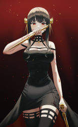 Rule 34 | 1girl, absurdres, black choker, black dress, black hair, black thighhighs, blood, blood on arm, blood on clothes, blood on face, breasts, choker, dot nose, dress, dual wielding, flower, gradient background, hair ornament, hand up, highres, holding, jisu lee, large breasts, light particles, looking at viewer, no gloves, off-shoulder dress, off shoulder, raised eyebrows, red background, red eyes, rose, spikes, spy x family, taut clothes, taut dress, thighhighs, two-sided dress, two-sided fabric, yor briar, zettai ryouiki