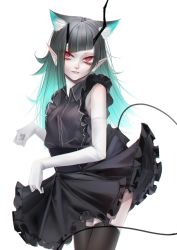 Rule 34 | 1girl, nanashi inc., alternate costume, animal ear fluff, animal ears, black dress, black hair, black thighhighs, blue hair, breasts, cat ears, cowboy shot, demon girl, demon horns, demon tail, doryudory, dress, elbow gloves, expressionless, extra ears, fang, frilled dress, frills, gloves, highres, horns, kemonomimi mode, long hair, looking at viewer, multicolored hair, parted lips, paw pose, pointy ears, red eyes, shishio chris, simple background, sleeveless, sleeveless dress, small breasts, solo, sugar lyric, tail, thighhighs, two-tone hair, virtual youtuber, white background, white gloves