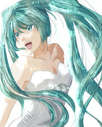 Rule 34 | 00s, 1girl, aqua eyes, aqua hair, bad id, bad pixiv id, bare shoulders, dress, female focus, hatsune miku, highres, long hair, matching hair/eyes, open mouth, ro96cu, roku, simple background, smile, solo, strapless, strapless dress, twintails, vocaloid, white background