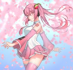 Rule 34 | 1girl, ahoge, cherry blossoms, collared shirt, cowboy shot, detached sleeves, floating hair, hair ornament, hatsune miku, headphones, headset, highres, l4st resort, long hair, long sleeves, microphone, miniskirt, necktie, pink hair, pink necktie, pink skirt, pink sleeves, pink thighhighs, pleated skirt, sakura miku, shirt, skirt, sleeveless, sleeveless shirt, solo, standing, thighhighs, twintails, vocaloid, white shirt, wing collar, zettai ryouiki