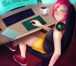 Rule 34 | blue eyes, blush, bored, breasts, coffee, coffee cup, crossed legs, cup, desk, disposable cup, fap ceo, headphones, mouse (animal), nova (fap ceo), on chair, pink hair, playing games, shoes, short hair, shorts, sitting, sneakers, socks, trainers, undershirt