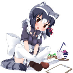 Rule 34 | 10s, 1girl, :o, alternate costume, alternate legwear, animal ears, black bow, black hair, bow, bowtie, brown eyes, commentary request, common raccoon (kemono friends), crossed legs, cup, drinking glass, drinking straw, enmaided, fang, food, full body, gloves, grey hair, hair ribbon, head tilt, highres, japari symbol, kemono friends, looking at viewer, maid, makuran, multicolored hair, notepad, parfait, puffy short sleeves, puffy sleeves, raccoon ears, raccoon tail, red ribbon, ribbon, shoes, short sleeves, simple background, sitting, solo, tail, thighhighs, tray, white background, white gloves, white hair, white thighhighs