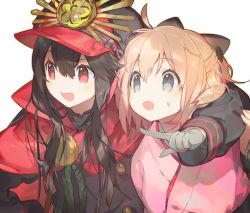 Rule 34 | 2girls, ahoge, arm around neck, black hair, blonde hair, fate/grand order, fate (series), gloves, grey eyes, hat, japanese clothes, koha-ace, multiple girls, namie-kun, oda nobunaga (fate), oda nobunaga (koha-ace), okita souji (fate), okita souji (koha-ace), open mouth, pointing, red eyes, shako cap, smile
