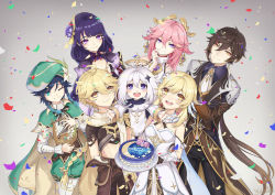 Rule 34 | 3boys, 4girls, :d, ;), aether (genshin impact), animal ears, arm guards, armor, birthday, birthday cake, birthday party, black gloves, black hair, black pants, black scarf, blonde hair, blunt bangs, bow, bowtie, braid, bridal gauntlets, brown coat, cake, cape, coat, collarbone, commentary request, confetti, dress, earrings, elbow gloves, floating, flower, food, fox ears, genshin impact, gloves, gradient hair, green eyes, green shorts, hair between eyes, hair flower, hair ornament, halo, harp, hat, hat flower, highres, holding, holding instrument, instrument, japanese clothes, jewelry, long hair, long sleeves, looking at viewer, low-braided long hair, low-tied long hair, low ponytail, lumine (genshin impact), mechanical halo, midriff, mitsudomoe (shape), multicolored hair, multiple boys, multiple girls, necktie, one eye closed, open mouth, outstretched arms, paimon (genshin impact), pants, pantyhose, pink hair, purple eyes, purple hair, raiden shogun, scarf, short hair with long locks, short sleeves, shorts, shoulder armor, sidelocks, simple background, single braid, smile, spread arms, thighhighs, tomoe (symbol), twin braids, venti (genshin impact), vision (genshin impact), white dress, white hair, white pantyhose, white scarf, white thighhighs, yae miko, yellow eyes, zhongli (genshin impact)