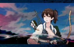 Rule 34 | 10s, 1girl, arrow (projectile), blue sky, bow (weapon), breasts, brown eyes, brown hair, cleavage, collarbone, flight deck, highres, injury, japanese clothes, kaga (kancolle), kantai collection, large breasts, letterboxed, looking at viewer, looking to the side, madokan suzuki, muneate, outdoors, parted lips, partially submerged, purple sky, quiver, scrape, side ponytail, sky, solo, sunset, tasuki, torn clothes, upper body, water, weapon