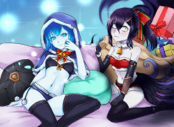 Rule 34 | 2girls, bell, neck bell, blue eyes, blue hair, blue skin, blush, christmas, christmas ornaments, collar, colored skin, elbow gloves, genderswap, genderswap (mtf), gift, gloves, league of legends, multiple girls, nam (valckiry), nocturne (league of legends), personification, pillow, purple hair, sack, sarcophagus, short hair, thighhighs, xerath