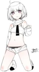Rule 34 | 1girl, closed mouth, dated, ejami, full body, greyscale, looking at viewer, monochrome, navel, panties, short hair, short shorts, shorts, signature, simple background, solo, striped clothes, striped panties, underwear, white background