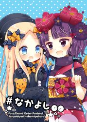 Rule 34 | 2girls, :d, abigail williams (fate), black bow, black dress, black headwear, blonde hair, blue background, blue eyes, blush, bow, commentary request, copyright name, cover, cover page, dress, eye contact, fate/grand order, fate (series), forehead, hair bow, hair ornament, hat, japanese clothes, katsushika hokusai (fate), kimono, long hair, long sleeves, looking at another, multiple girls, multiple hair bows, obi, hugging object, open mouth, orange bow, parted bangs, pointing, polka dot, polka dot background, polka dot bow, purple eyes, purple hair, purple kimono, sash, short sleeves, sleeves past fingers, sleeves past wrists, smile, stuffed animal, stuffed toy, teddy bear, toko (torisan ren), v-shaped eyebrows, very long hair