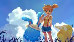 Rule 34 | 1girl, :d, azumarill, bare arms, blue shorts, clothed pokemon, cloud, commentary request, creatures (company), day, food, game freak, gen 1 pokemon, gen 2 pokemon, green eyes, highres, holding, misty (pokemon), navel, nintendo, one side up, open mouth, orange hair, outdoors, pokemon, pokemon (anime), pokemon (classic anime), pokemon (creature), popsicle, psyduck, s (happycolor 329), shirt, short hair, short shorts, shorts, sky, sleeveless, sleeveless shirt, smile, standing, suspenders, teeth, tongue, upper teeth only, yellow shirt