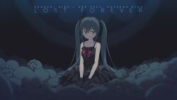 Rule 34 | album cover, aqua eyes, aqua hair, artist name, bare shoulders, black dress, black gloves, character name, collarbone, commentary, cover, dark background, dress, frilled dress, frills, gloves, hatsune miku, highres, kanzaki hiro, long hair, mascot, red ribbon, ribbon, twintails, vocaloid