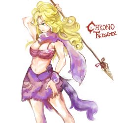 Rule 34 | 1990s (style), 1girl, ayla (chrono trigger), bandeau, blonde hair, bracelet, breasts, caveman, cavewoman, chrono (series), chrono trigger, cleavage, copyright name, curly hair, fur, green eyes, highres, holding, jewelry, kobiya, large breasts, long hair, navel, polearm, retro artstyle, simple background, skirt, solo, spear, weapon, white background