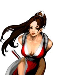 Rule 34 | 1girl, breasts, brown eyes, brown hair, china dress, chinese clothes, cleavage, dress, fatal fury, japanese clothes, large breasts, leaning forward, long hair, shiranui mai, smile, snk, solo, the king of fighters