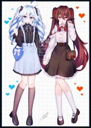 2girls :p absurdres ahoge alternate_costume alternate_hairstyle bag black_bag black_border black_footwear black_nails black_shirt black_skirt black_socks blue_bag blue_eyes blue_hair blue_nails blue_pupils blush border bow brown_hair closed_mouth commentary_request drill_hair drop-shaped_pupils fingernails flower-shaped_pupils full_body furina_(genshin_impact) genshin_impact grid_background hair_ornament hairclip handbag heterochromia highres holding_hands hu_tao_(genshin_impact) kneehighs light_blue_hair long_hair long_sleeves looking_at_viewer multicolored_hair multiple_girls nail_polish open_mouth red_eyes red_hair shirt shoes skirt socks standing streaked_hair symbol-shaped_pupils takemura_kou tongue tongue_out twin_drills twintails very_long_hair white_background white_bow white_hair white_shirt white_skirt