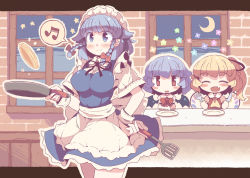 Rule 34 | 3girls, :d, apron, bat wings, blue dress, blue eyes, blue hair, blush stickers, bow, braid, breasts, cooking, crescent moon, dress, closed eyes, fang, flandre scarlet, food, fork, frying pan, hair flaps, hair ribbon, hand on own hip, izayoi sakuya, knife, large breasts, letterboxed, maid, maid apron, maid headdress, moon, multiple girls, musical note, night, no headwear, no headwear, open mouth, pancake, pink dress, plate, red dress, red eyes, remilia scarlet, ribbon, siblings, side ponytail, sisters, sky, smile, smug, spoken musical note, star (symbol), table, takahero, touhou, twin braids, waist apron, window, wings, wrist cuffs