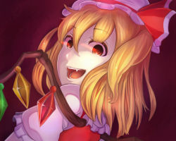 Rule 34 | 1girl, :d, blonde hair, crystal, fang, flandre scarlet, glowing, glowing eyes, looking at viewer, looking back, minarai shachou, open mouth, red eyes, side ponytail, smile, solo, touhou, wings