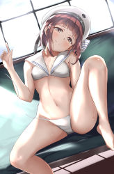 Rule 34 | 1girl, absurdres, barefoot, bikini, brown eyes, brown hair, butter curry, clothes writing, commentary request, couch, dutch angle, feet, female focus, hat, head tilt, highres, index finger raised, kantai collection, looking at viewer, navel, sailor bikini, sailor collar, sailor hat, short hair, sitting, solo, swimsuit, toes, untied bikini, white bikini, white hat, white sailor collar, window, z3 max schultz (kancolle)