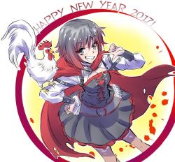 Rule 34 | 1girl, alternate costume, animal, bird, cape, chicken, chinese zodiac, commentary, company connection, happy new year, iesupa, new year, pun, rooster, roosterteeth, ruby rose, rwby, smile, teeth, thighhighs, year of the rooster