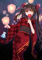 Rule 34 | 1girl, asymmetrical hair, bad id, bad pixiv id, black hair, candy apple, checkered clothes, checkered kimono, date a live, closed eyes, floral print, food, hair between eyes, hair ribbon, heterochromia, highres, holding, holding food, japanese clothes, kimono, long hair, long sleeves, looking at viewer, mo (pixiv9929995), nail polish, night, paper lantern, red eyes, red kimono, red nails, red ribbon, ribbon, sky, sky lantern, smile, solo, star (sky), starry sky, tokisaki kurumi, twintails, very long hair, wide sleeves, yellow eyes