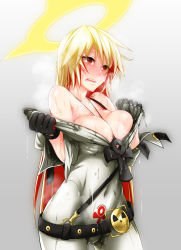 Rule 34 | 1girl, belt, black gloves, blonde hair, blush, breasts, cleavage, commentary request, spiked halo, covered navel, gloves, gradient background, guilty gear, guilty gear xrd, halo, highres, jack-o&#039; valentine, large breasts, multicolored hair, off shoulder, red eyes, red hair, simple background, solo, steam, steaming body, sweat, two-tone hair, un (le monde-alternatif), undressing, very sweaty