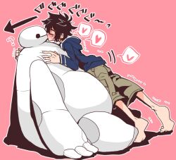 Rule 34 | ?, arrow (symbol), barefoot, big belly, big hero 6, black hair, blue hoodie, blush, brown shorts, cargo shorts, closed eyes, fat, fat man, hand on another&#039;s back, haoro, heart, hood, hoodie, kiss, kissing robot, messy hair, motion lines, pink background, robot, shorts, sitting, sound effects, spoken heart, tiptoe kiss, tiptoes, trembling